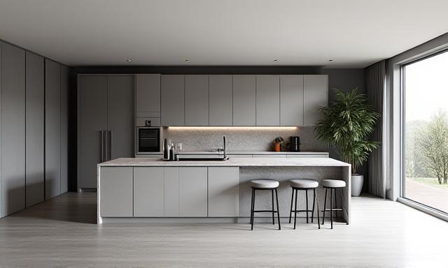 3D interior visualization of a modern open-plan kitchen